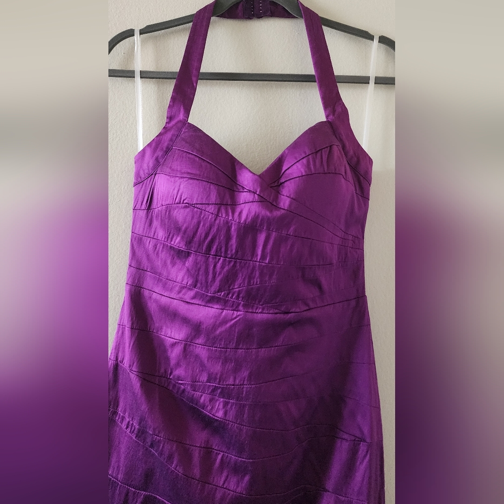 VINTAGE Bebe Purple Ruched Cocktail Dress Halter Neckline - Picture 2 of 13